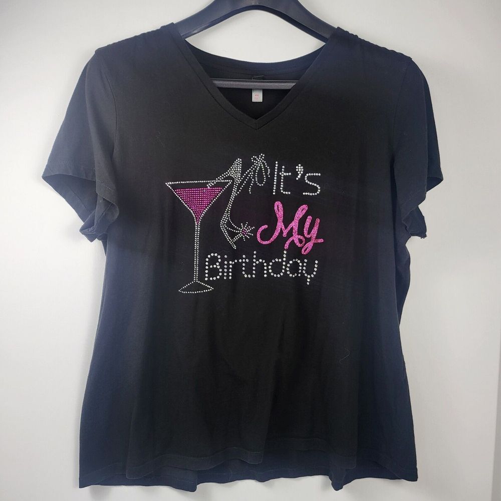It's My Birthday Rhinestone Mega Blong Black Shirt Women's Size 4XL Cocktails